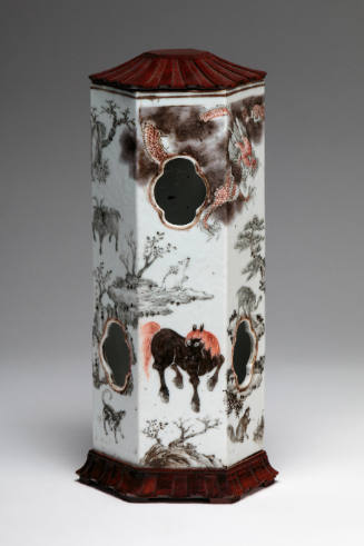 Iron Red and Grisaille-Decorated Hexagonal Hat Stand [painted with dragons, horses, dogs, monkeys and boars, with later wood cover and stand]