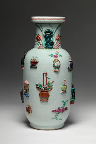 Famille-Rose Relief-Decorated Rouleau Vase [restored crack to neck]
