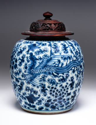 Blue and White Ginger Jar [painted with phoenix, with wood cover and stand]